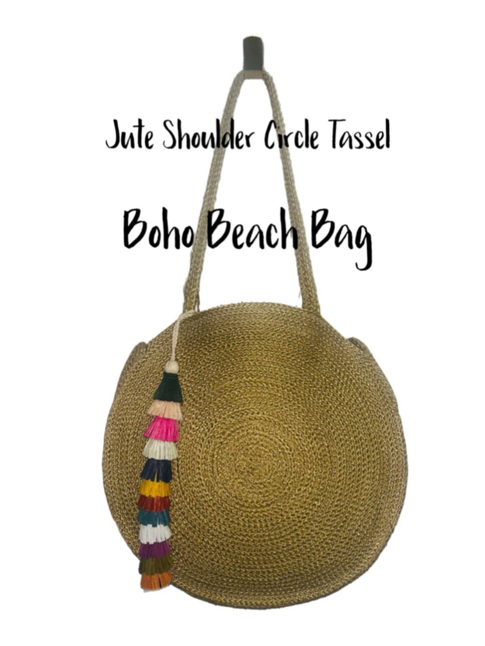 Jute Shoulder Hand Bag Tan Beige Circle Tassel Boho Beach Summer - NWOT